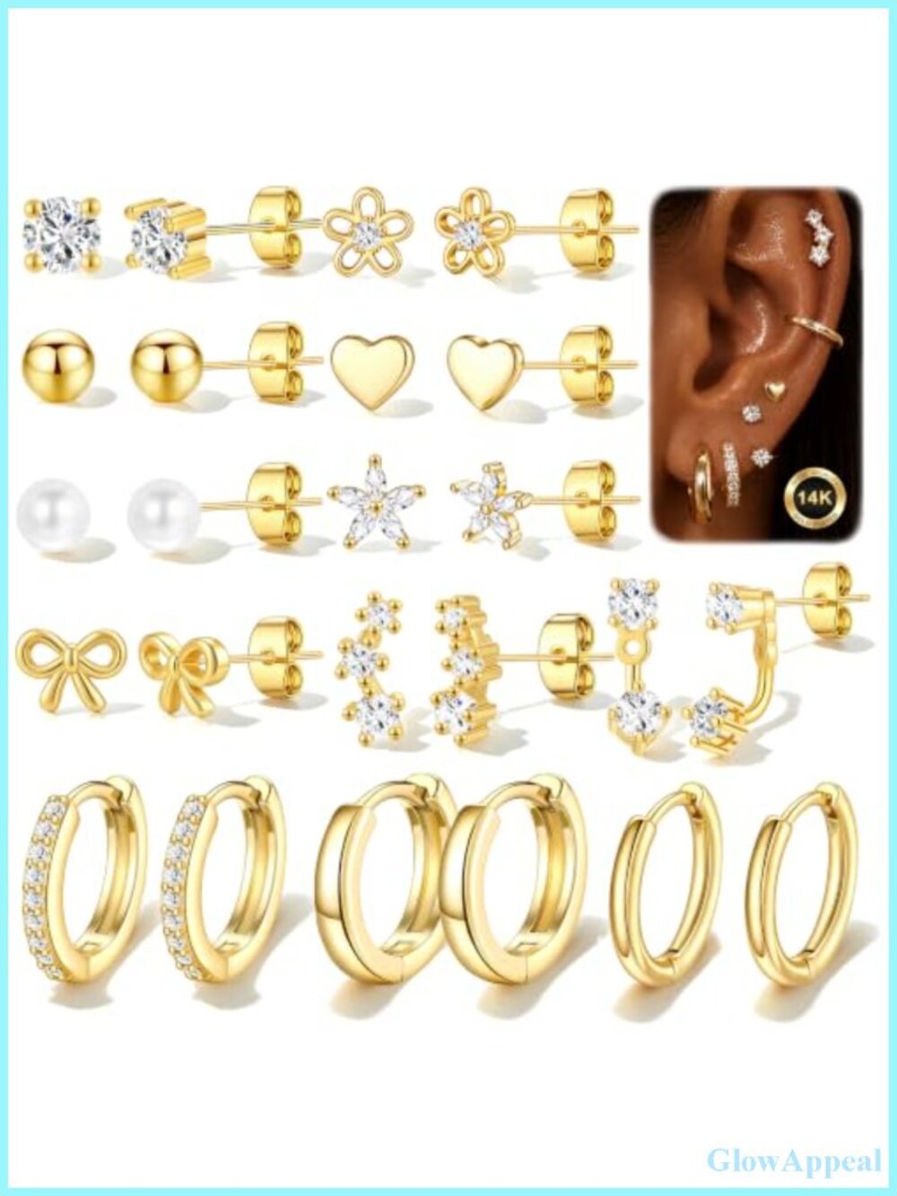 12 Pairs Stud Earrings Set 14K Gold Plated Hypoallergenic